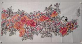 保真书画，孟微冬国画作品《无日不春风》一幅，纸本画心，尺寸70×139m。孟微冬，字庆浦，号阿图。祖籍河北唐山，大学学历。中国美术家协会会员，中国书法家协会会员，北京东方祥和书画院副院长。擅长花鸟画、山水画和篆刻