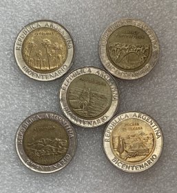 阿根廷2010年五月革命200周年1比索双色纪念币套币5枚一套 流通品相 多套随机发