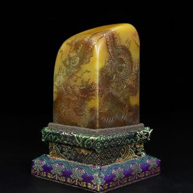 旧藏木盒寿山石双龙戏珠薄意印章