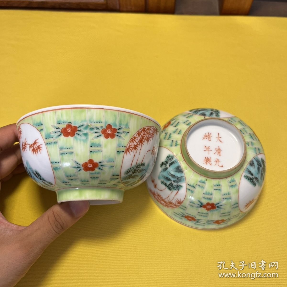 手绘开窗竹子节节高升碗
