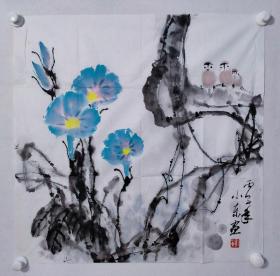 保真书画，刘小东四尺斗方花鸟画作一幅，尺寸：68*68