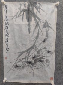山东著名画家 张登堂 八十年代作品 保真出售（虾戏图之二）68.5/45厘米 约三平尺