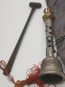 铃铛 古董摇铃 带莲花浮雕 有作者手工刻印 带原装锦袋 木锤