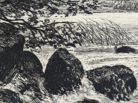 1891年 原创蚀刻凹版画《莱茵河畔之火山口湖》-德国画家、版画家、雕版师 波恩哈德・曼菲尔德(Bernhard Mannfeld)作品、纸张尺寸39x29cm