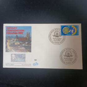 F1902外国信封德国邮票1987年国际扶轮协会世界代表大会 1全 首日封FDC 折痕，图二三，随机发一张