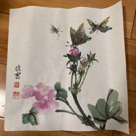 手绘真迹国画：四川著名画家何俊德花鸟画《花与蝴蝶》2023/08/01