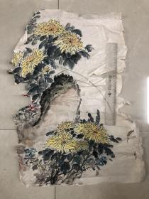 国画水墨画粉彩画，品相不好残缺菊花、飞龙三张