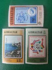 直布罗陀邮票 1977年邮展-票中票 3全新