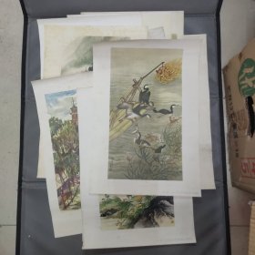 60年代8開國畫活頁【云壑鳴泉 陳凝丹·作 鴨 許奇高·作 珠江帆影 余本·作 西樵巃嵸閣 盧子?！ぷ?棲息 方人定·作 森林 黎雄才·作 街道的早晨 黃篤雄·作 白鵝 梁 紀(jì)·作 鷺鷥 余蔚·作】共九張