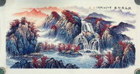 中国美术家协会会员刘景泉 ，山水画，秋高叶正红，很有意境，写意画法，皴法点染，纯手绘，假一赔万，都是本人精心收藏的，支持三方鉴定，刘景泉老师本人真人真迹纯手绘的原创大作，实际画的比照片拍出来要漂亮的多，笔法苍劲有力，浓淡干湿焦，行云流水。尺寸1.38米×70公分的，四尺整张的，家里客厅，沙发背景墙，书房，茶室办公室都可悬挂，宣纸软片已经托底好了，回家可以直接装框。