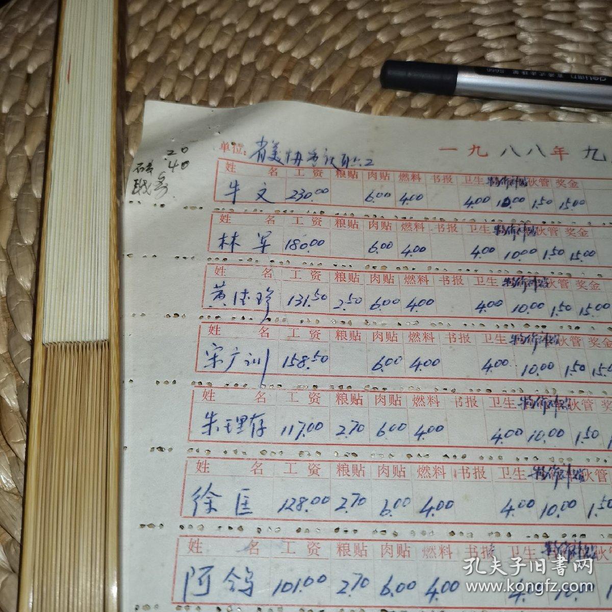（泰古抽一）省美術家簽字文化：《一九八八年九月工資發放表 單位：省美協（重慶職工）， 財務負責人？會計陳光莉出納》（牛文、林军、黄德珍、宋广训、朱理存、徐匡、阿鸽、吴強年等簽名）