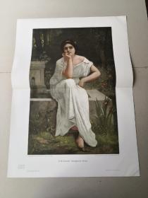 【百元包邮】巨幅套色木刻版画《情窦初开的少女》，1901年，纸张尺寸56×40.8厘米，画面尺寸45×29厘米（货号XK0108）