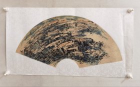 王镛，当代著名画家，尺寸72+35，作品保真，品相如图自然旧完好，原裱镜芯大扇面作品《山水画》