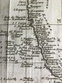 1752年，雅克 尼古拉斯 贝林（Jacques Nicolas Bellin）《波斯海岸 古吉拉特邦 马拉巴尔地图》法语，极为珍贵高质量的古版波斯海岸，印度、巴基斯坦西海岸，阿曼湾及马尔代夫群岛等等详细地图。雕刻师：雅各布斯 范德斯利（Scheley Jacobus Van Der,）防酸纸，23x28.5cm。