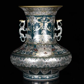 大清乾隆年制绿釉描银兽面纹双耳瓶 尺寸29*25cm