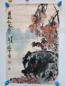 八九十年代 李海中 手绘水墨彩色花鸟画一副 旧托 品相较差 尺寸63x42 包老包真包手绘