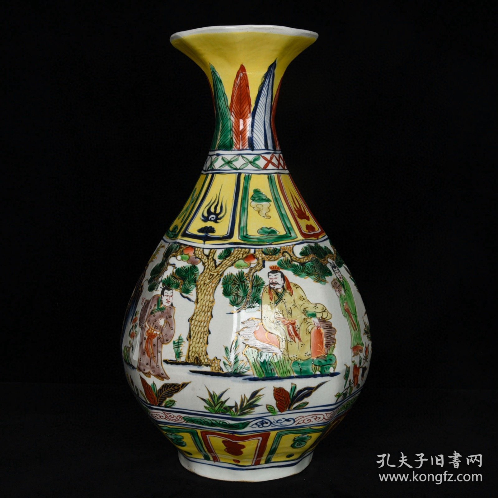 元张文进造古相博陵第款五彩描金三顾茅庐人物故事纹八棱玉壶春瓶 高45cm 直径27cm