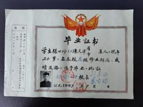 五七年天津市第十七中学带五星红旗齿轮的毕业证书2份！有存根！很少见.
