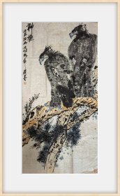 北京著名画家柳宏林,指墨画 神雄 双鹰图 8平尺画心未裱 商品无框 作者合影保真