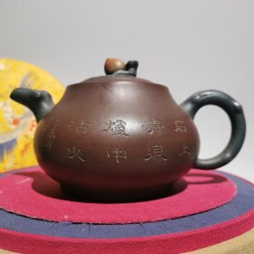 精品寿桃刻字老紫砂壶，砂质好 手工做工，出水流畅，全品，包浆厚