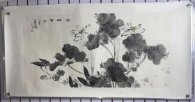 处理，霍春阳 四尺整纸，荷花。原装裱镜心，有画家合影。尺寸137x68cm