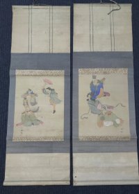 日本回流老字画 日本明治时期 手绘老画《七福神》2幅一对