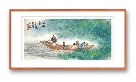 泛舟图 28×58厘米，宣纸软片未裱，装框图为效果图。 张谦原名张勇，字文进，号天东人，又号游心堂主。张宝珠先生入室弟子，早年随王炳龙老师学习花鸟。现为中国美术家协会会员，山东省美术家协会会员，山东画院画师，中国画创作研究院院聘画家，肥城市第九届十届政协委员。1968年生于山东肥城。2014年考入北京大学艺术学院中国画方向研究生班，就读于范扬工作室