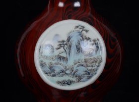 清乾隆木纹釉开窗珐琅彩山水人物图扁葫芦瓶 28.5x18