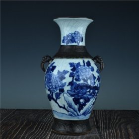 古瓷器古董古玩文玩艺术收藏品老物件清中期青花花鸟纹双耳翻口瓶