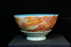 旧藏乾隆年制梵红釉山水人物转心碗,—