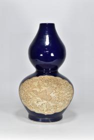 元霁蓝釉双开窗刻工剔釉凤纹葫芦瓶  古玩古董古瓷器