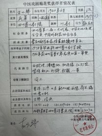 古小琴填写《中国戏剧梅花奖获得者情况表》1页。古小琴，四川南充人，四川省川剧院二团演员。11岁考入四川省川剧学校，学“青衣旦”。曾去香港、西欧四国、日本演出。曾参加中国首届艺术节、中国首届戏剧节，并获第六届“梅花奖”。