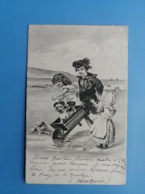 【E333老明信片】儿童游戏独轮车明信片，名人插画艺术作品明信片，1907年实寄明信片，欧洲早期明信片，外国明信片
