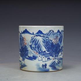 青花釉里红山水人家笔筒