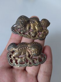 清代老银鎏金狮子一对