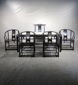 紫檀镶云石茶桌六件套