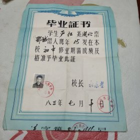 武汉市养殖中学 83年毕业证书