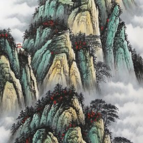 泰山旭日R8572A竖幅手绘名家山水画，有山有云无水中堂青绿泰山国画