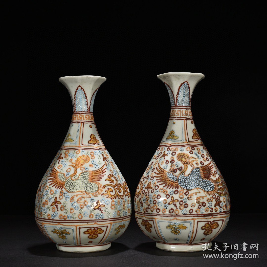 元沥粉描金凤纹八方玉壶春瓶 33*19厘米