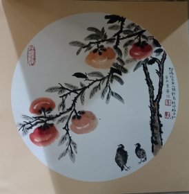 江苏著名书画家蒋重华，卡纸花鸟画，鹌鹑柿子，纯手绘，保真。38X38（画芯33X33）蒋重华1963年7月，师承王学仲、刘炳森、方传鑫、张继等名家，现为文星阁画院院长，中国国家画院理事。