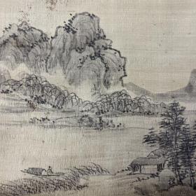 日本江户后期南画家，泷和亭老师，长崎画家日高铁翁水墨山水作品，茶挂、绢本绫裱，薄绢，工艺木轴头带木盒，画心33.5*20.2。盒213。此人为日本人，任何骗言其为中国僧人的都很可恶