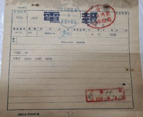 1952年开封电报局接汉口来电报，上盖黄河防汛总指挥部印