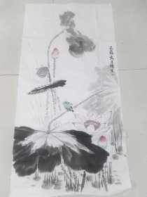 荷花小鸟图，大幅精品，！画心67*136厘米。包纯手绘，小房间底