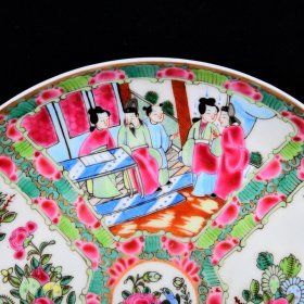 大清康熙年制外销瓷广彩珐琅彩本色真金人物花鸟纹盘 高4.4径22厘米2