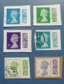 英国邮票 梅钦普票系列 英女王伊丽莎白二世 信销票剪片6枚不同 有安全条+条码