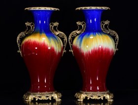 旧藏清乾隆年霁红窑刻包铜回流瓶