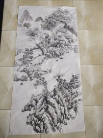手绘原创国画水墨山水画作品一副保真真迹没落款.小桥人家