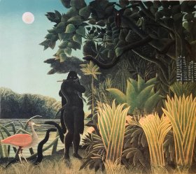 巨幅彩色石版画，亨利.卢梭（Henri Rousseau）《耍蛇人》，艺术家遗产委员会1975年授权出版，作者右下角花体签名，左下角作者个人头像干印章认证（见照片），加厚水彩纸，56x75cm，后印象派杰作，高超的绘制，色彩极为鲜艳，品相极佳.