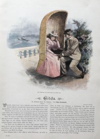 欧洲名家套色木刻版画精品，相约日内瓦湖畔，1890年作品。