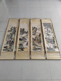 手绘四条屏春夏秋冬山水老字画，画工细腻精美，字体苍劲有力，印章落款清晰，美观大气，品相如图，长度一米八